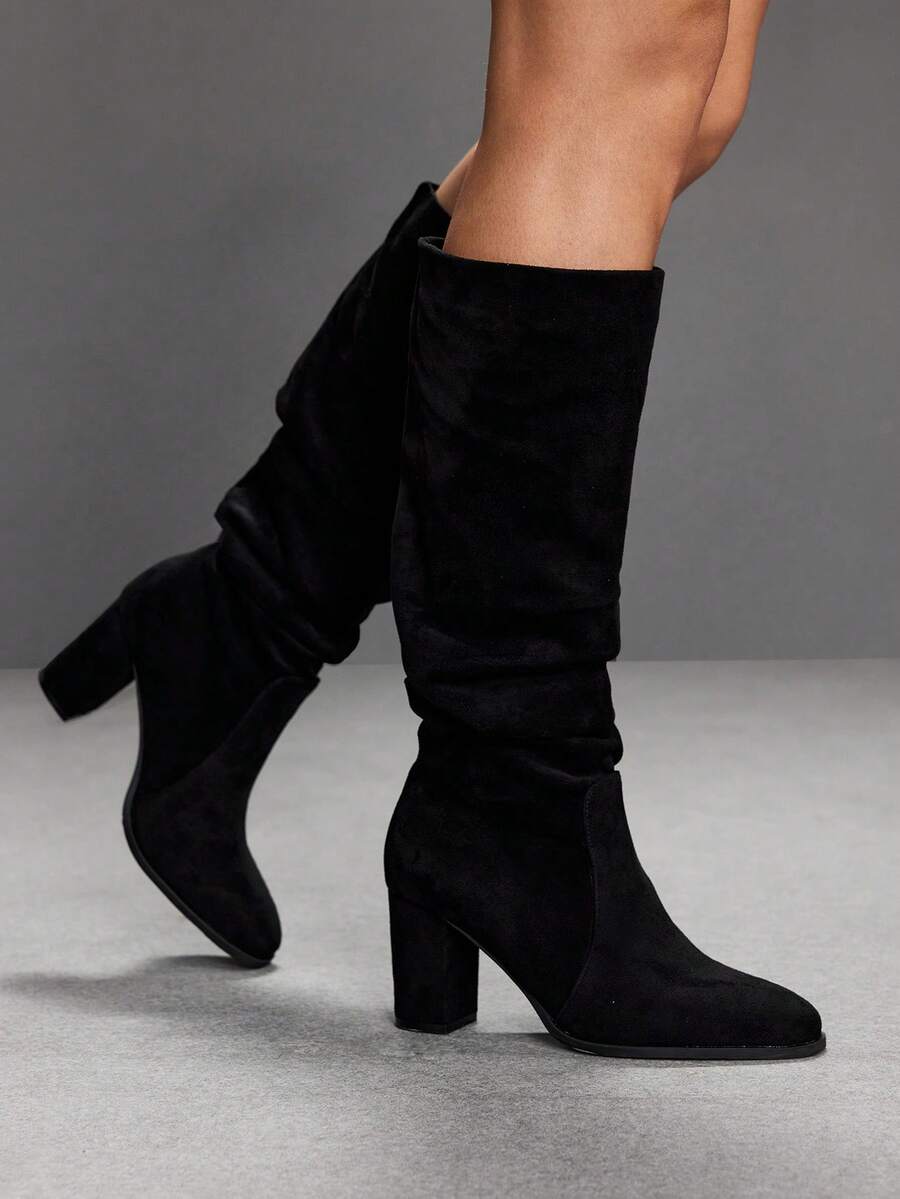 CUCCOO SZL Women's Pointed Toe Black Suede Chunky Heel Slouchy Mid-Calf Boots, Autumn/Winter Style Suitable For Commuting And Street Wear Fall Boots - Black - View 1