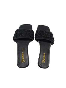 Flat Sliding Sandals For Plus Size Women, Casual Beach Multi-Use, Decorated With Rhinestones, Easy To Wear - Black - View 7
