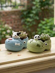 Joivida 1Pc Cute Slipper Shaped Succulent Planter, Creative Animal Themed Resin Flower Pot, Fun Hole Shoe Design Plant Pot For Small Plants, Multiple Animal Styles (Rabbit/Panda/Cat/Bull), Durable Non-Deform Resin Planter For Desk & Home Decor, - multicolor - View 2