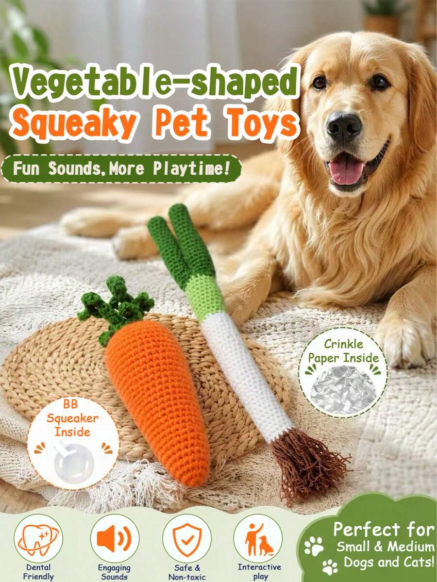 PETSIN 1Pc Fun Pet Squeaky Toy, Simulated Vegetable Knit Toy, Cute Carrot & Scallion Shapes, Built‑In Squeaker To Grab Pets' Attention, For Small & Medium Dogs And Cats, For Teeth Grinding, Boredom Relief, Interactive Play And Tossing