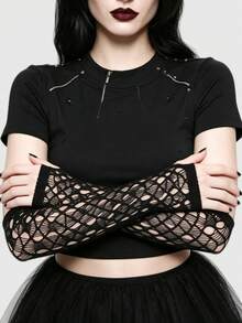ROMWE Goth 1對深色龐克風黑色破洞做舊手臂套 - 黑色 - 查看 4