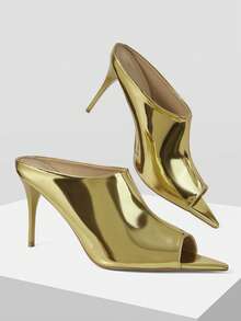Mnmlis Mirror Gold Shiny Surface High-Heeled Mules Girl, Pointed Toe Thin Heel Sleeve, Party And Banquet Eye-Catching Sandals - Gold - View 5
