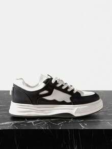 Vate Women's Lace-Up Color Matching Design Round Toe Thick Flat Bottom Casual Sports Shoes Casual Style PU Leather Black And White Casual Sports Shoes Back To School - Black and White - View 1