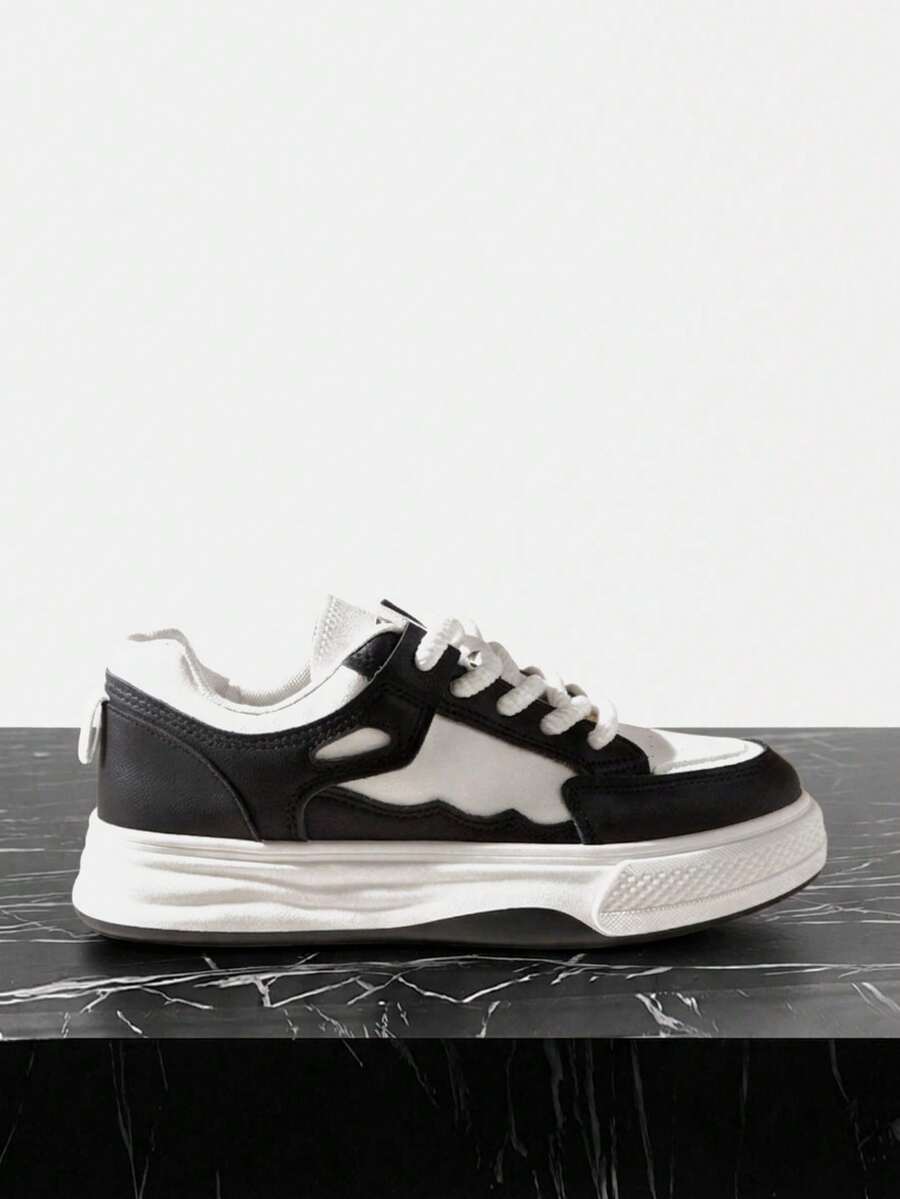 Vate Women's Lace-Up Color Matching Design Round Toe Thick Flat Bottom Casual Sports Shoes Casual Style PU Leather Black And White Casual Sports Shoes Back To School - Black and White - View 1