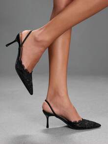 CUCCOO SZL Ladies Romantic Nude Lace High Heel Drag Pointed Thin Heel Half Drag - Black - View 2