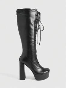 CUCCOO LuxiPop Women's Fashion Simple Thick High Heel Round Toe Front With Thick Bottom Inner Zipper Party Nightclub Style Black Knee Boots - Black - View 1
