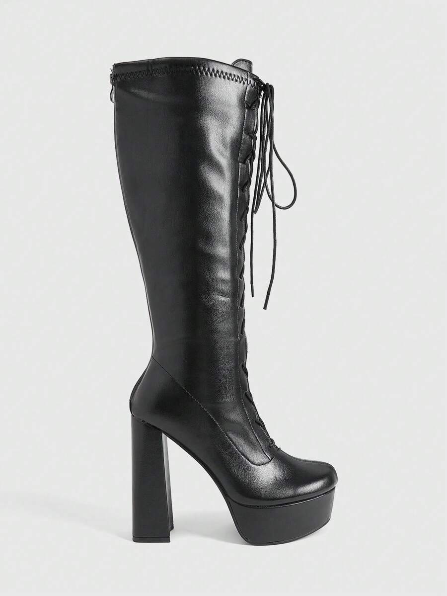 CUCCOO LuxiPop Women's Fashion Simple Thick High Heel Round Toe Front With Thick Bottom Inner Zipper Party Nightclub Style Black Knee Boots - Black - View 1