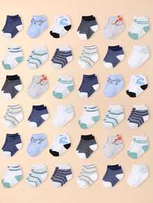 SHEIN 12 Pairs/24 Pairs Of Cute Dinosaur Printed Socks/Invisible Socks For Infants And Girls Aged 0-3, Multi-Colored Stripes, Soft And Comfortable, Suitable - Multicolor - View 1