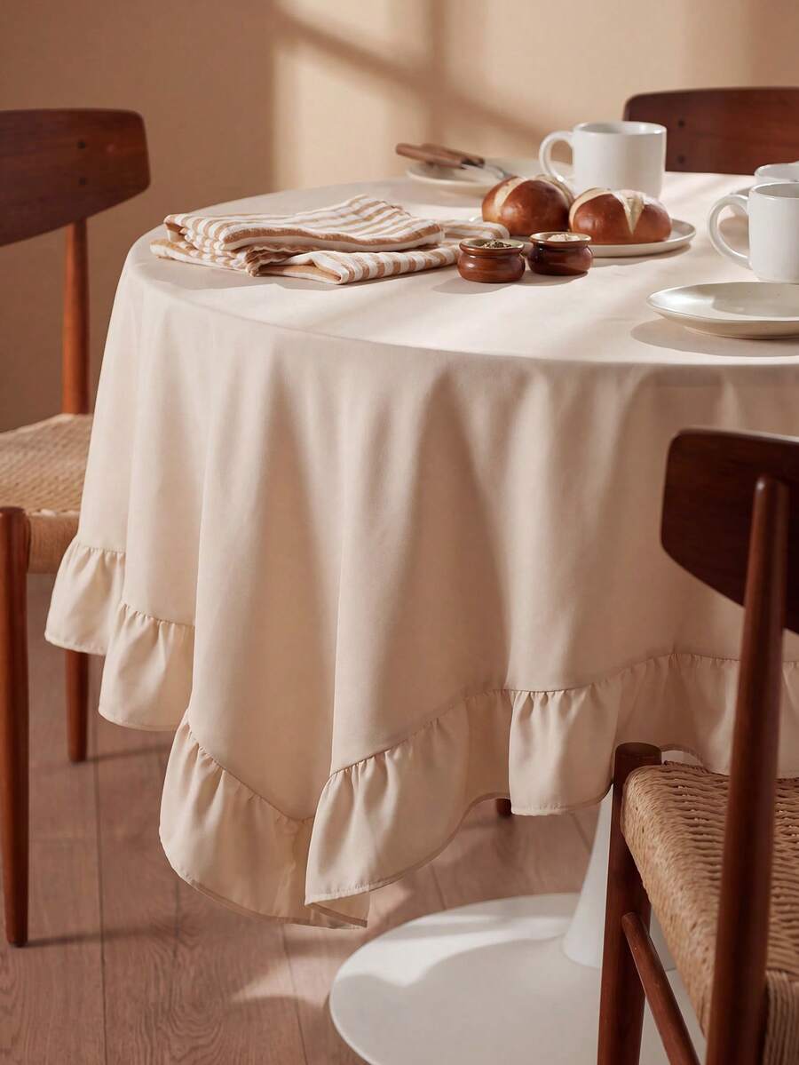 1 Piece Of Solid Color Ruffle Edge Tablecloth, Exquisite Appearance; Suitable For Restaurant Tabletops, Family Dinners, Daily Use, Banquets, Weddings, Holiday Party Decorations - Camel - View 1