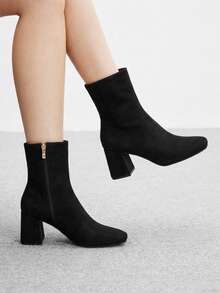 CUCCOO BIZCHIC French Square Boots, Thick Heel Comfortable Versatile Velvet Boots, Side Zipper Elegance, Suitable For Business Commuting Holiday Parties Fall Shoes - Black - View 1