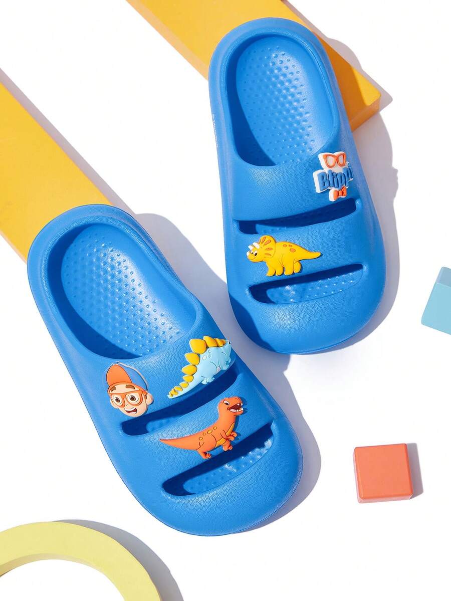 Blippi X SHEIN 藍色卡通男孩拖鞋,EVA輕量材質,護趾設計,適合室內、淋浴或海灘使用,幼兒與兒童尺寸,夏季服飾 - 藍色 - 查看 1