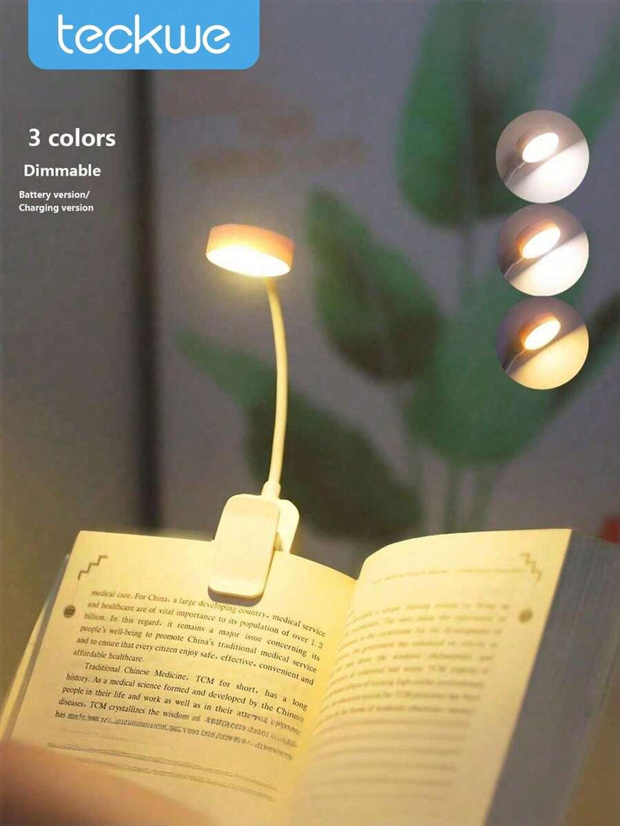 Teckwe 1 قطعة مصباح قراءة قابل للتثبيت ب- 4 مصابيح LED بيضاء، مصباح كتاب قابل للشحن، 3 درجات حرارة لونية، سطوع قابل للتعتيم، مصباح قراءة صغير محمول قابل للتثبيت (كابل الشحن غير مشمول)