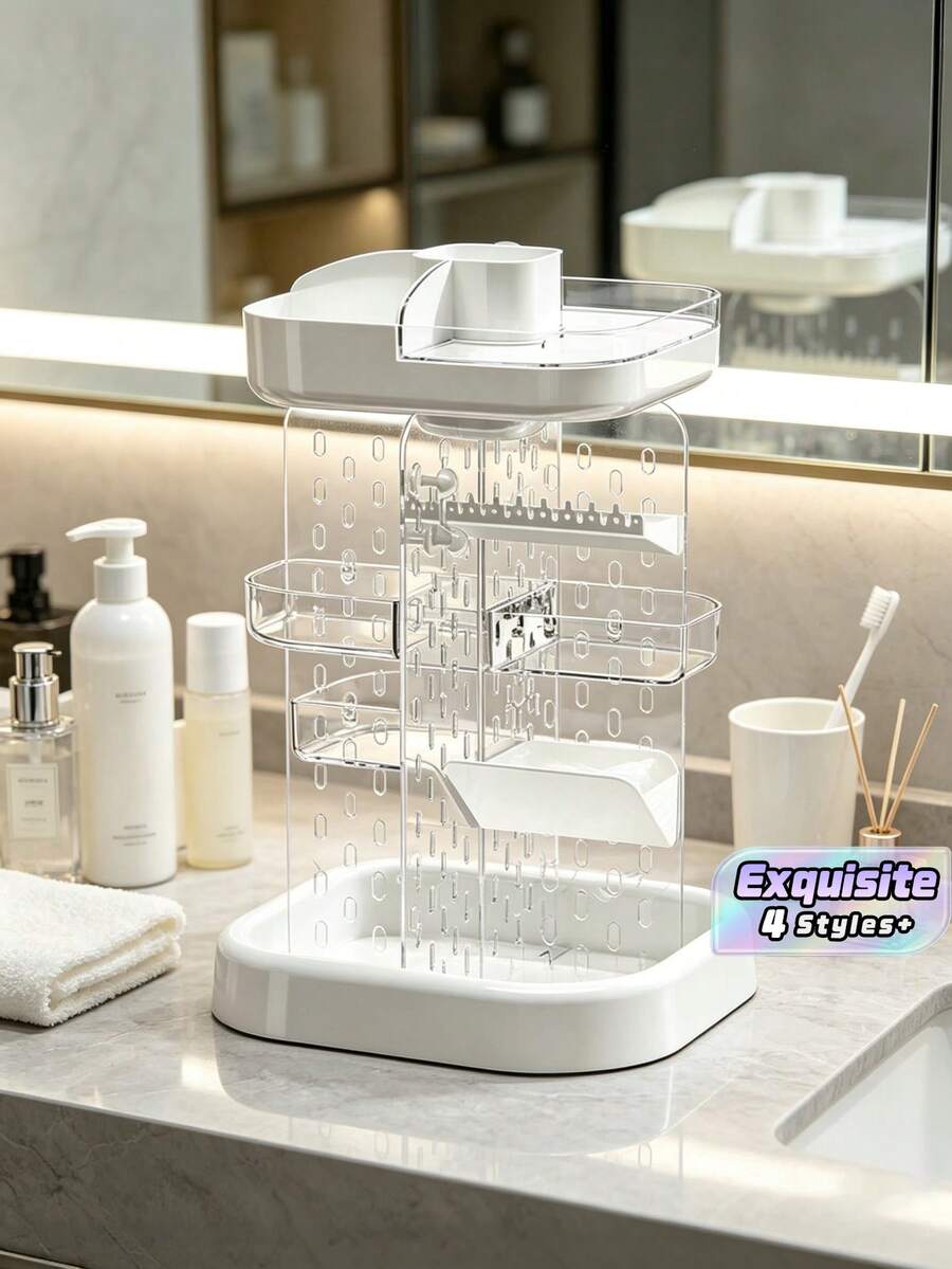 Multi-Color Optional Rotating Makeup Organizer, Multi-Layer Detachable Storage Rack With Jewelry Hanging Design Bathroom Vanity Desktop Cosmetic Holder - Multicolor - View 1