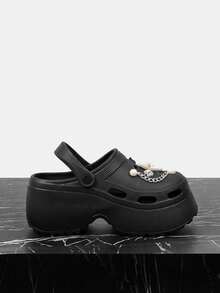 Vate Thick-Soled Clogs Shoes Women's Summer 8cm Muffin Bottom Small Man Gospel, Butterfly Pearl Rhinestone Decoration, Light EVA Closed Toe, Beach Vacation Daily Commuter Sandals - Black Flowers - View 1
