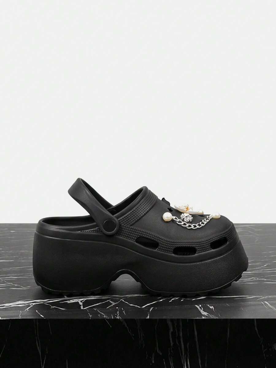 Vate Thick-Soled Clogs Shoes Women's Summer 8cm Muffin Bottom Small Man Gospel, Butterfly Pearl Rhinestone Decoration, Light EVA Closed Toe, Beach Vacation Daily Commuter Sandals - Black Flowers - View 1