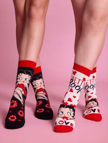 Betty Boop x SHEIN 2入組 Love Girl 女款中筒襪 - 黑白紅 - 查看 1