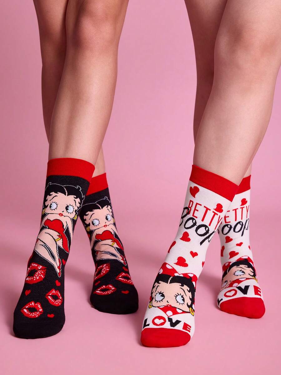 Betty Boop x SHEIN 2入組 Love Girl 女款中筒襪 - 黑白紅 - 查看 1