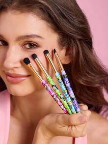 THE POWERPUFF GIRLS X SHEIN Colorful Cartoon Eye Makeup Brush Set Of 4, Includes Eyeshadow, Concealer & Detail Blending Brushes, Soft Bristles, Portable Cosmetic Kit For Daily Eye Makeup - Multicolor - View 2