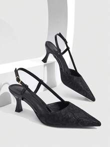 CUCCOO SZL Sandal Wanita Ujung Lancip Hitam dengan Tali Belakang Berenda dan Penutup Jari Kaki - Renda hitam - View 2