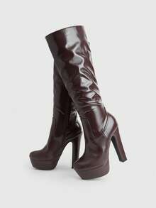 CUCCOO LuxiPop Sexy Fashion Thick Heel Side Zipper Round Toe Ladies Brown Boots Knee Boots Nightclub Style Wear - Coffee Brown - View 1
