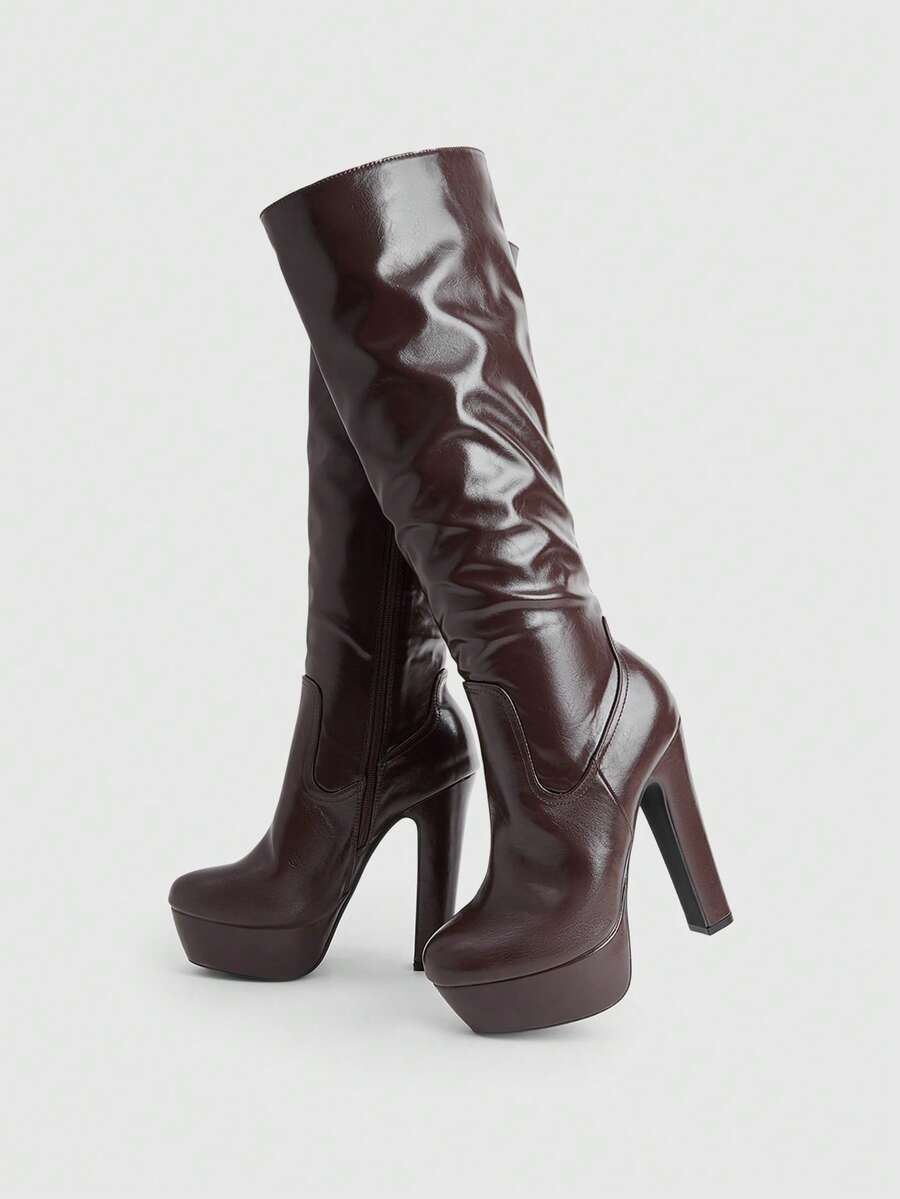 CUCCOO LuxiPop Sexy Fashion Thick Heel Side Zipper Round Toe Ladies Brown Boots Knee Boots Nightclub Style Wear - Coffee Brown - View 1