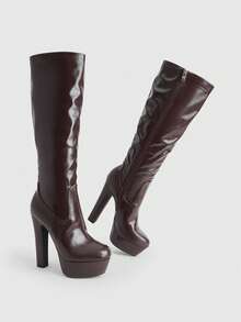 CUCCOO LuxiPop Sexy Fashion Thick Heel Side Zipper Round Toe Ladies Brown Boots Knee Boots Nightclub Style Wear - Coffee Brown - View 4