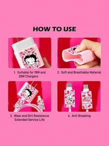 Betty Boop x SHEIN 3 Pcs Data Line Protective Cover, Suitable For IPhone Charger, Cherry Printing Pattern, Charger Protective Cover (Without Data Line) - Pink - View 3