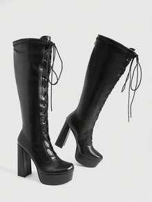 CUCCOO LuxiPop Women's Fashion Simple Thick High Heel Round Toe Front With Thick Bottom Inner Zipper Party Nightclub Style Black Knee Boots - Black - View 4