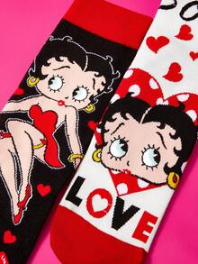 Betty Boop x SHEIN 2入組 Love Girl 女款中筒襪 - 黑白紅 - 查看 3