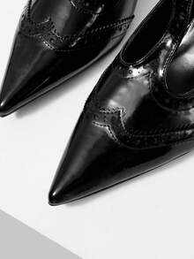 Mnmlis Spring And Summer Engraved T-Belt Design Pointed Thick Heel, Retro Style Black Slingback Mary Jane Shoes Commuting Dating Fall Shoes - Black - View 5