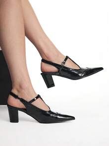 Mnmlis Spring And Summer Engraved T-Belt Design Pointed Thick Heel, Retro Style Black Slingback Mary Jane Shoes Commuting Dating Fall Shoes - Black - View 8
