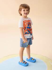Blippi X SHEIN 藍色卡通男孩拖鞋，EVA輕量材質，護趾設計，適合室內、淋浴或海灘使用，幼兒與兒童尺寸，夏季服飾 - 藍色 - 查看 6