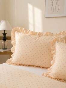 Cirelle 3pcs Ruffled Duvet Cover Set - Soft Polyester Polka Dot Bedding Set, Aesthetic Cottagecore Dot Quilt Cover With Ruffle Hem, 1 Duvet Cover + 2 Pillowcases (No Sheet & No Insert) - Light Yellow - View 2
