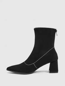 Daringsoles Bright Line Design Pointed Thick Heel Elastic Short Boots, Gentle Commuting Style Black Soft Leather Medium Heel Thin Boots - Black - View 4