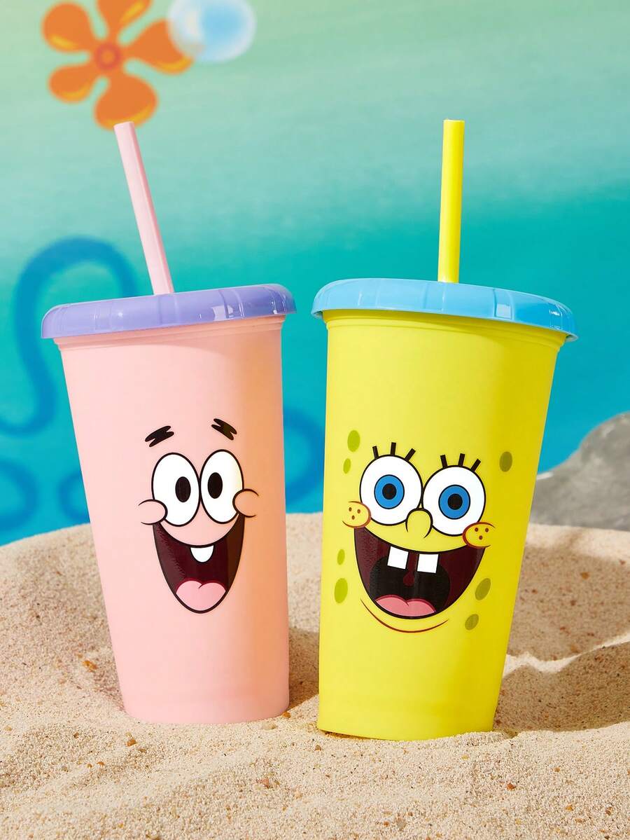 SpongeBob SquarePants | SHEIN 2個派對紀念杯 473ml 塑膠平底隨附杯 兒童生日派對用品 - 彩色 - 查看 1