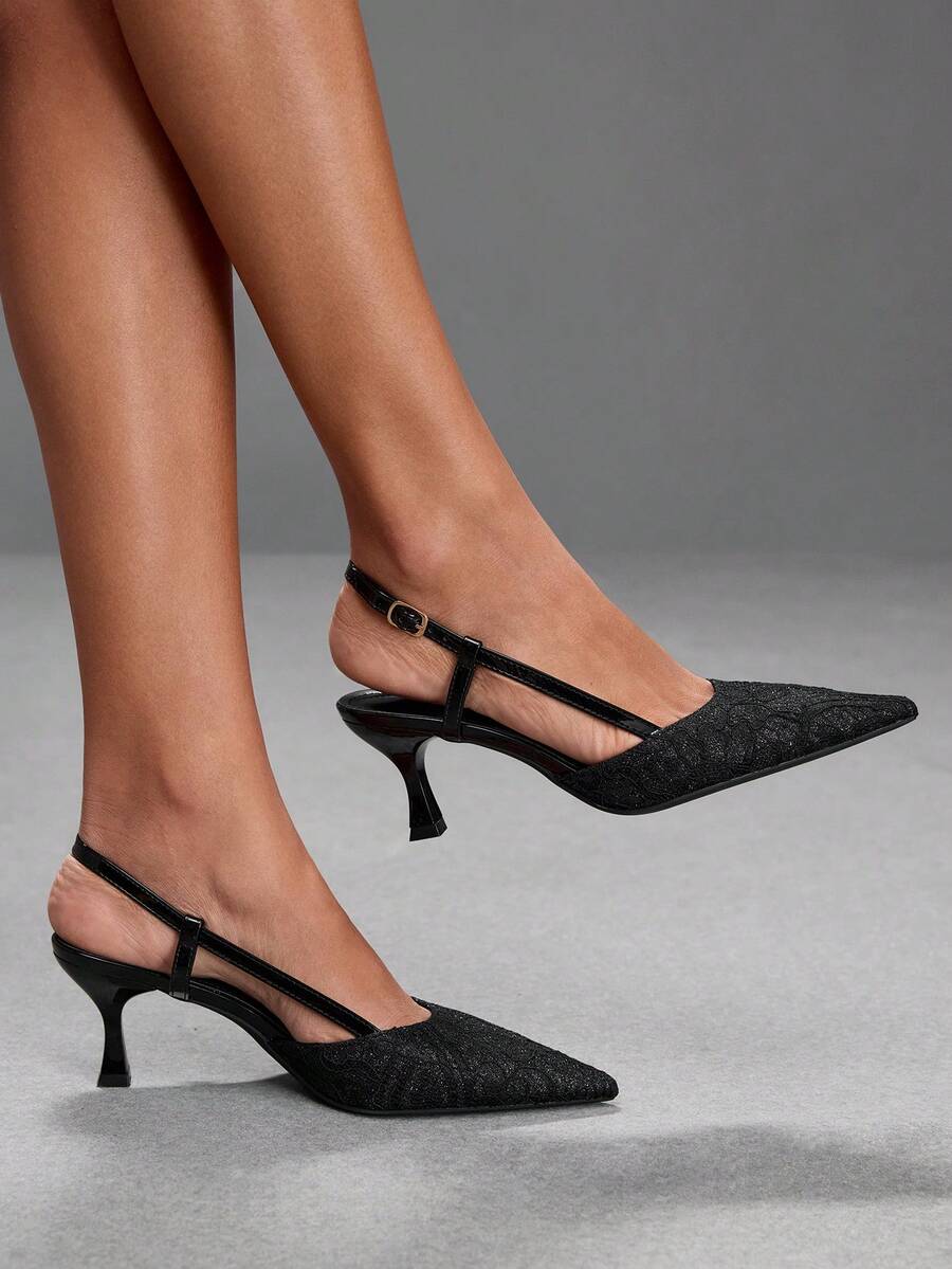 CUCCOO SZL Sandal Wanita Ujung Lancip Hitam dengan Tali Belakang Berenda dan Penutup Jari Kaki - Renda hitam - View 1