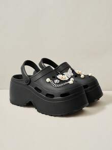 Vate Thick-Soled Clogs Shoes Women's Summer 8cm Muffin Bottom Small Man Gospel, Butterfly Pearl Rhinestone Decoration, Light EVA Closed Toe, Beach Vacation Daily Commuter Sandals - Black Flowers - View 2