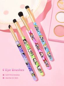 THE POWERPUFF GIRLS X SHEIN Colorful Cartoon Eye Makeup Brush Set Of 4, Includes Eyeshadow, Concealer & Detail Blending Brushes, Soft Bristles, Portable Cosmetic Kit For Daily Eye Makeup - Multicolor - View 1