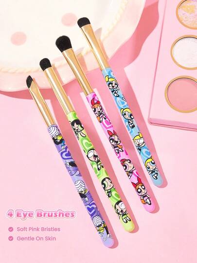 THE POWERPUFF GIRLS X SHEIN Colorful Cartoon Eye Makeup Brush Set Of 4, Includes Eyeshadow, Concealer & Detail Blending Brushes, Soft Bristles, Portable Cosmetic Kit For Daily Eye Makeup