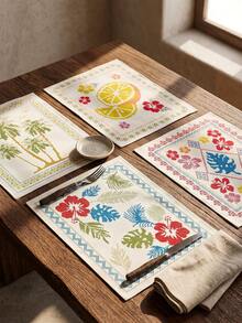 1pc/4pcs, Heat-Insulated Hemmed Placemats, Hibiscus Palm Lemon Print Bohemian Country Style Placemats, Linen Material, Easy To Clean, Suitable For Kitchen, Dining Room Decoration, Holiday Party, Vacation Table Decor, Home Decor - Multicolor - View 1