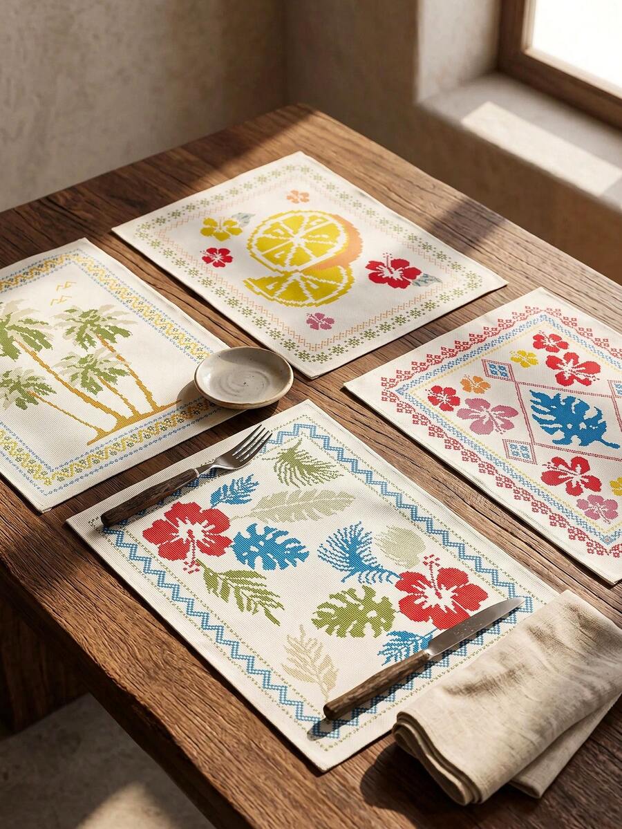 1pc/4pcs, Heat-Insulated Hemmed Placemats, Hibiscus Palm Lemon Print Bohemian Country Style Placemats, Linen Material, Easy To Clean, Suitable For Kitchen, Dining Room Decoration, Holiday Party, Vacation Table Decor, Home Decor - Multicolor - View 1