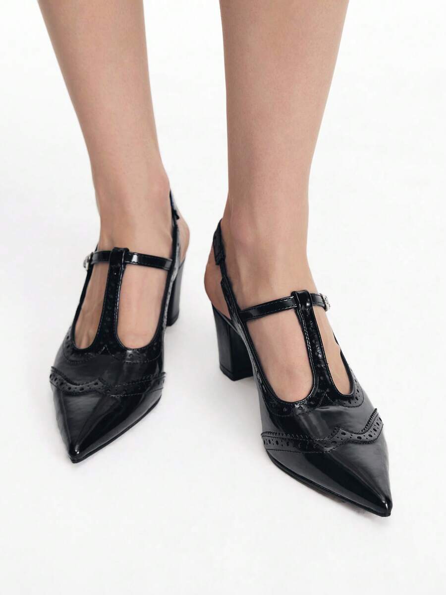 Mnmlis Spring And Summer Engraved T-Belt Design Pointed Thick Heel, Retro Style Black Slingback Mary Jane Shoes Commuting Dating Fall Shoes - Black - View 1