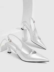 CUCCOO SZL Rhinestone Square Buckle Pointed Cat Heel Empty Sandals, Retro Spice Girl Fengzheng Silver Patent Leather Medium Low Heel Buckle Bag Head Sandals - Silver - View 1