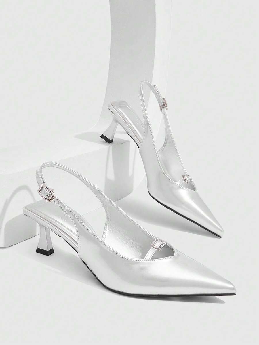 CUCCOO SZL Rhinestone Square Buckle Pointed Cat Heel Empty Sandals, Retro Spice Girl Fengzheng Silver Patent Leather Medium Low Heel Buckle Bag Head Sandals - Silver - View 1
