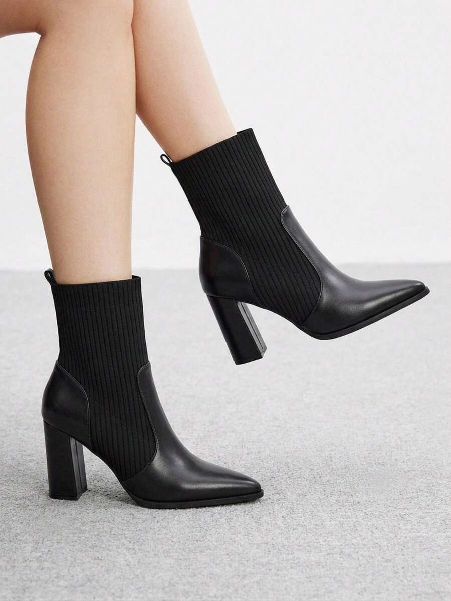 CUCCOO BIZCHIC Women's Side Button Folded Collar Pointed Toe Chunky Heel Ankle Boots, Vintage Style Black Autumn/Winter Daily Commute Boots - Black pu - View 1
