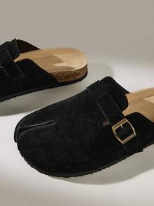 Solecia Women's Split Toe Buckle Suede-Look Clogs Elegant Black Casual & Daily Slides - jet black - View 8