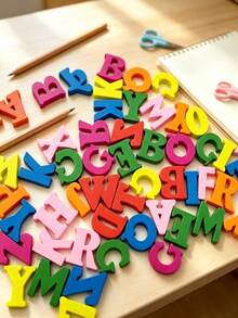 100pcs Wooden Letter & Number Chips, Mixed 26 Alphabet Letters, Natural & Colored Wood Slices, Kids Early Learning DIY Literacy Decorations - multicolor - View 2