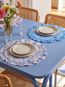 SHEIN Floral Printed Round Placemat, Natural Fresh Pastoral Table Mat With Lotus Leaf Edge, Kitchen And Dining Room Decoration, Two Colors Available (Purple & Blue Floral) - Multicolor - View 6