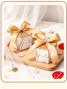 50Pcs Mini Marble Pattern Gift Boxes With Shiny Gold Bow Ribbon, Wedding Favor Thank You Candy Boxes, Small Party Treat Packaging Boxes For Bridal Shower Birthday Banquet - White - View 6