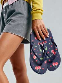 Grefit Star Print Flat Flip-Flops, Indoor/Outdoor Slippers For Christmas Beach Shoes - Navy Blue - View 4